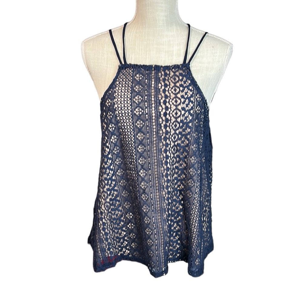 NWT The Vanity Room Tank Top Blouse Blue Lace Womens Size L